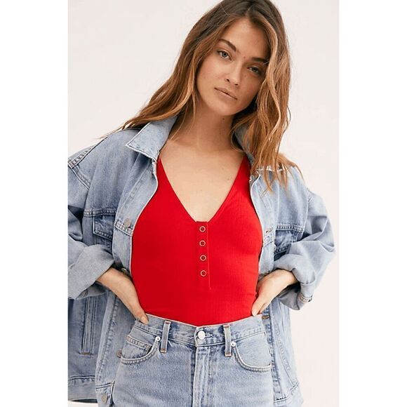 ❤️ FREE PEOPLE Larissa Tank V-Neck Thong Snap Button Red Bodysuit SIZE S - Picture 3 of 16